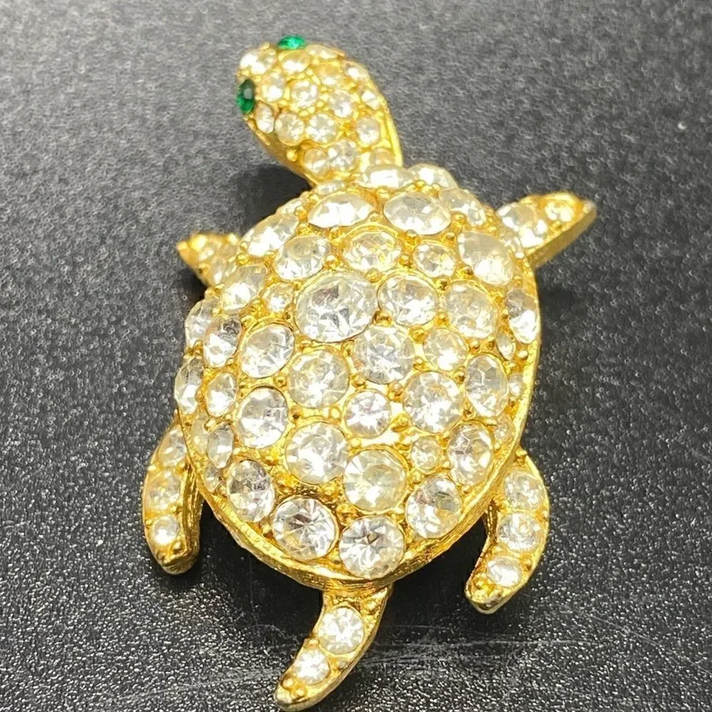Gold tone rhinestone turtle tortoise pin brooch with green glass eyes gorgeous